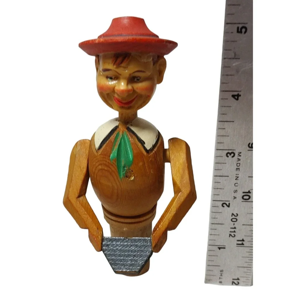 Vintage Wooden Wine Bottle Topper Hand Carved Painted Made In Italy‎ Back Lever